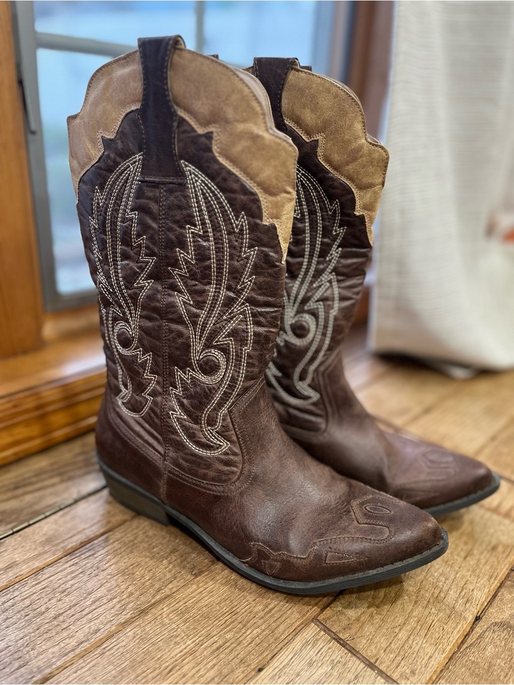 Coconuts by Matisse Brown and Tan Western Embroidered Ankle Booties